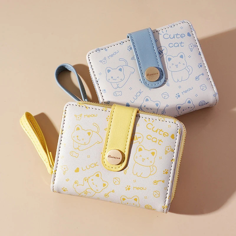 Japanese Cute Cat Wallet Short Student ID Bank Card Holder Money Bag Zipper Wallets For Women Key Storage Purse Coin Purse 250514