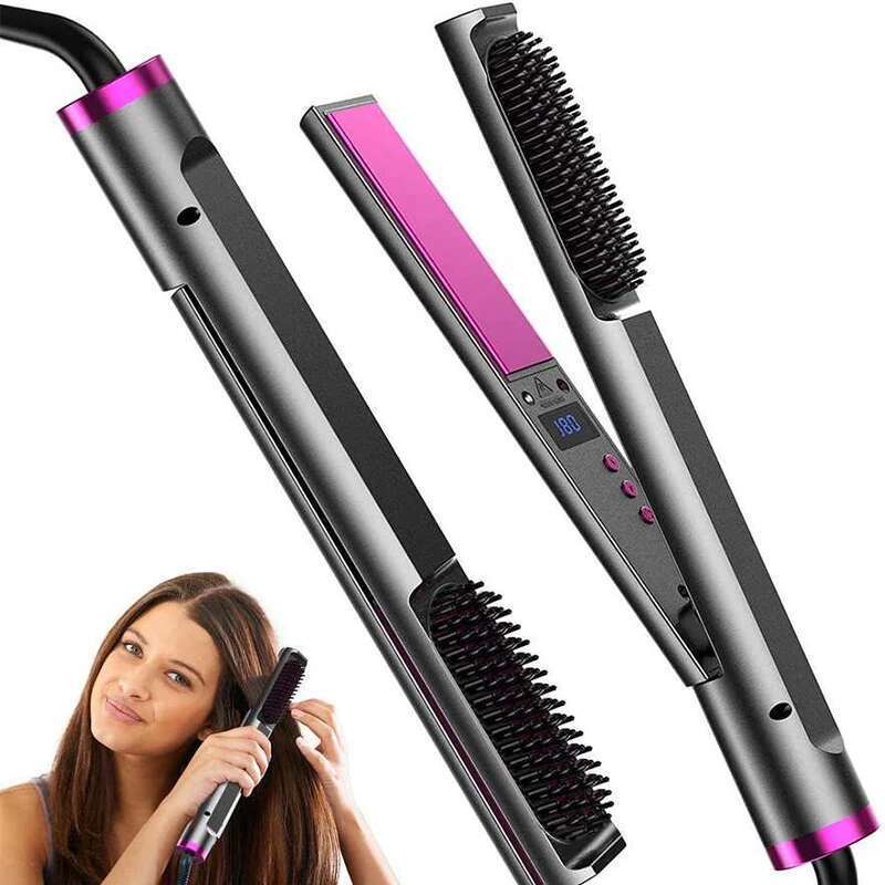 Professional 2 in 1 Straightener Electric Flat iron Anti-Scald Brush Hot Comb Hair Style Tool