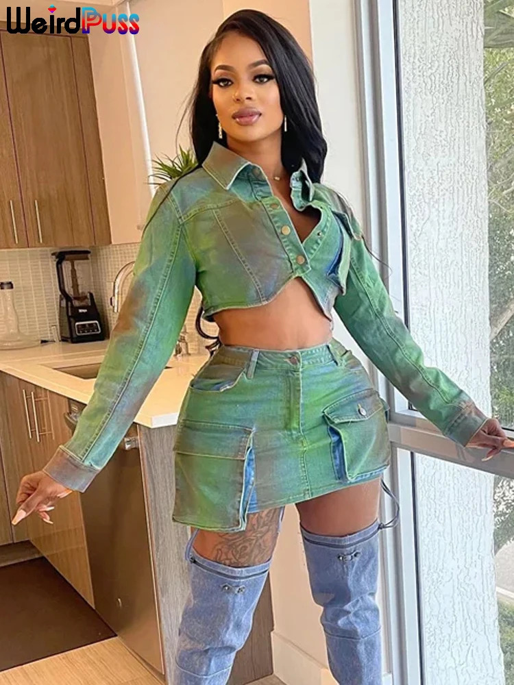 Weird Puss HandPrinted Women 2Piece Set Polo Neck SingleBreasted Crop TopsSide Pockets Mini Skirt Streetwear Matching Suits 250515