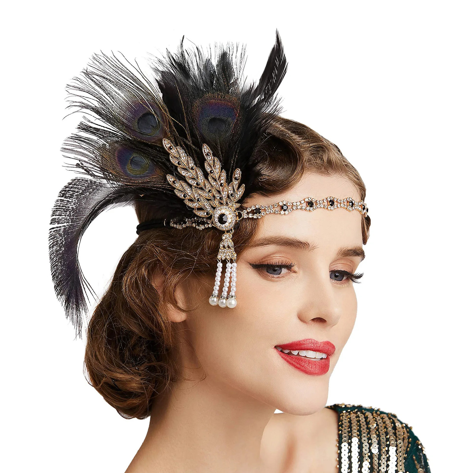 Peacock Feather Headband 1920s Flapeer Girl Headpiece with Rhinestone Tassel Vintage Party Pography Hair Accessories 250509