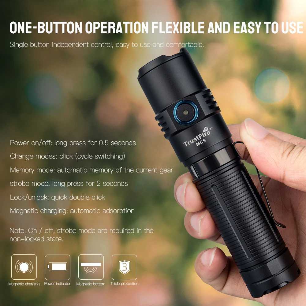 Trustfire MC5 LED EDC Flashlight 3300Lumen Rechargeable Lamp 21700 Battery Torchs with Magnetic USB Charging and Power Indicator Z250514