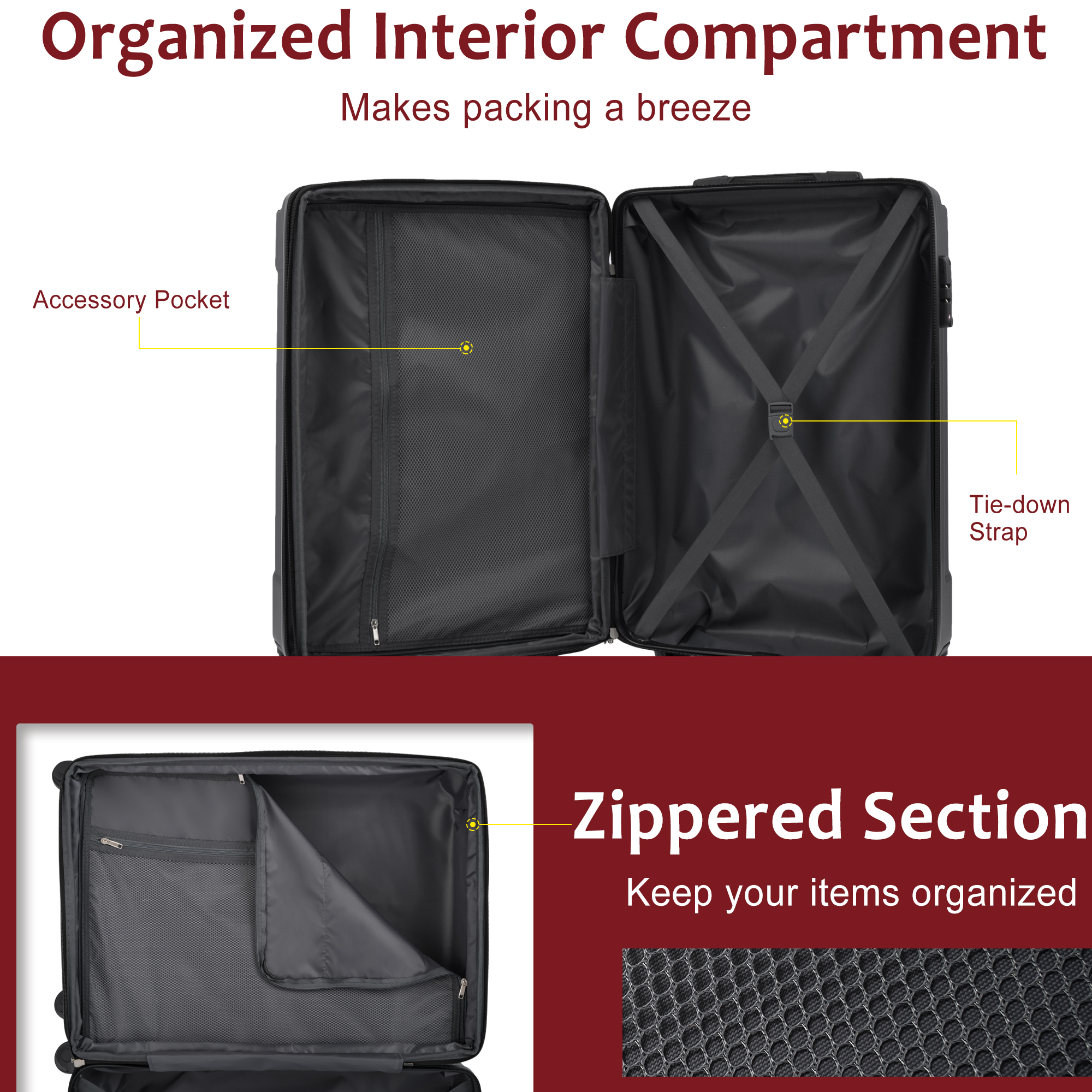 Luggage Sets 3 Piece, Expandable Hard shell ABS Suitcases with Double Spinner, Travel luggage Set with TSA Lock allows for wide luggage travel (20/24/