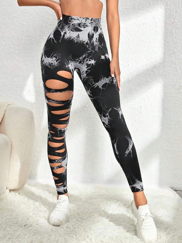 Hollow tie-dyed yoga pants high waist hip lift fitness pants running pants yoga clothes women's belly control trousers