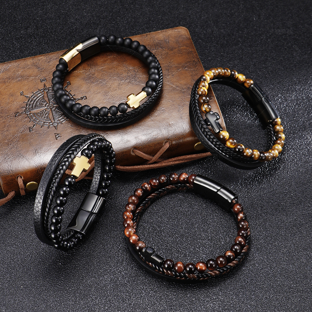 Hot-Selling Stainless Steel Natural Tiger Eye Stone Cross Bracelet for Men, Multi-Layer Braided Leather Wristband, Titanium Steel Jewelry