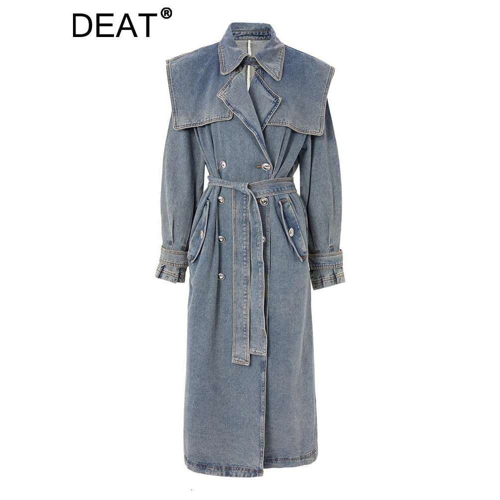 DEAT Fashion Women's Denim Jackets Loose Layer Collar Double Breasted Sashes Long Sleeve Overcoat Autumn 2025 New 17A4709