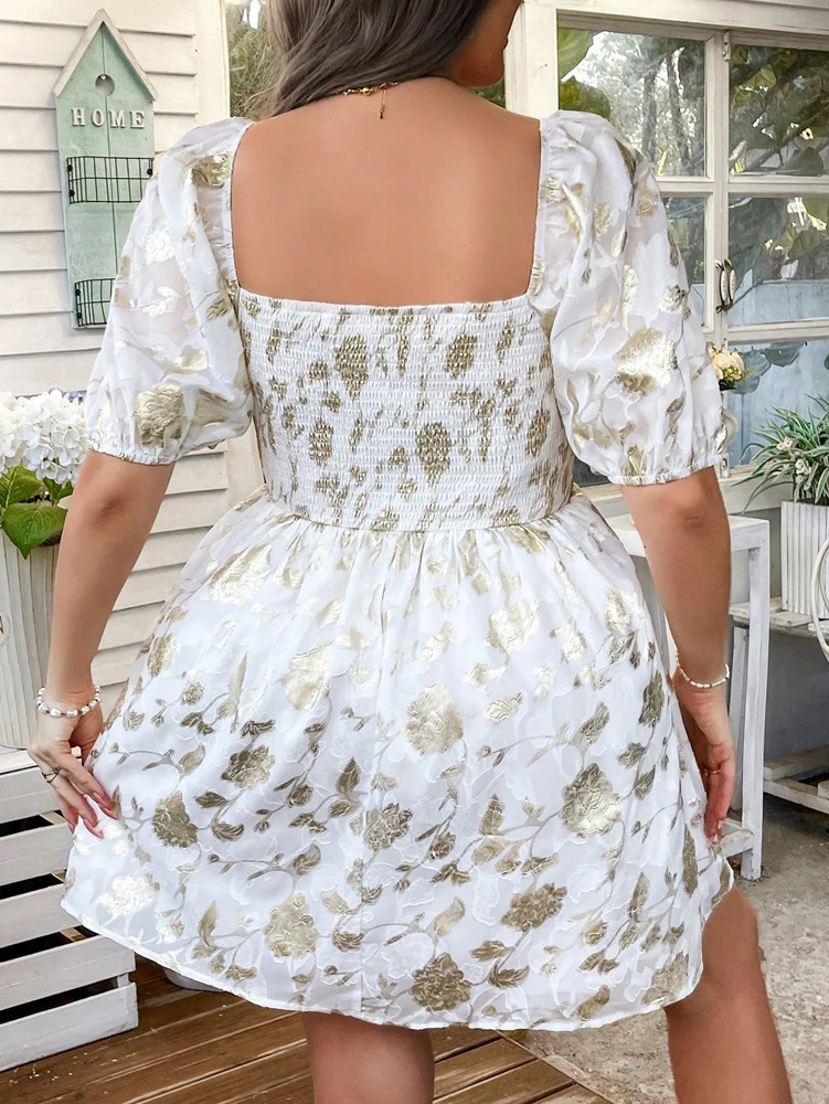 Plus Size 2025 Womens Romantic Cut Floral Stamped Vacation Bubble Sleeve Dress Polyester Beach 250506
