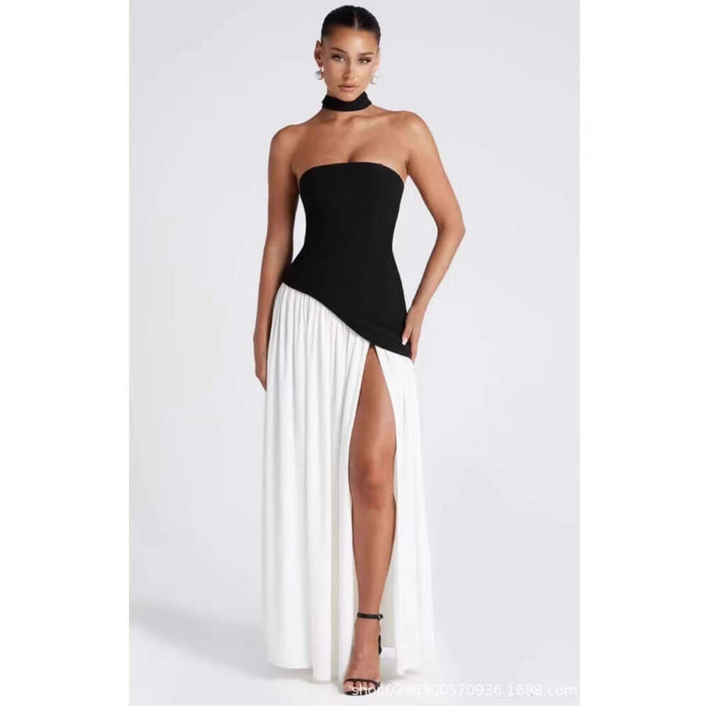 White Dress Maxi Dress Sdm144 Temperament Contrasting Zipper Tight Dress Irregular Slit Sexy Vacation Long Quality Skirt KQ