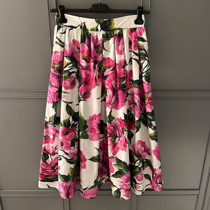 Women's Flower Printed Cotton Two-Piece Set Designer New Fashion Square Neck Crop Vest Elegant High Waist Pleated Midi Skirts High-Quality Beach 