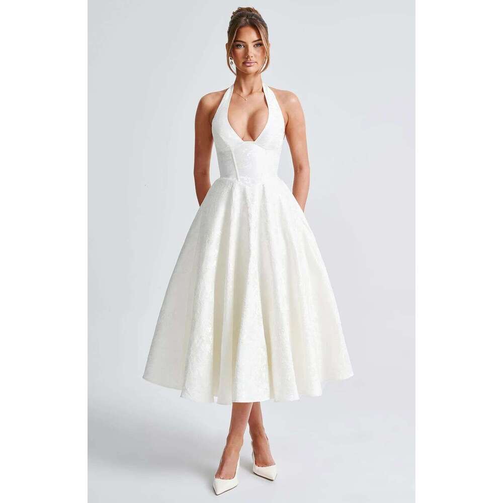 White Dress Maxi Dress V-Neck Hanging Neck Jacquard High-End Evening Dress, Spring And Summer Temperament, Sleeveless Backless Waist Cinching Long Dre