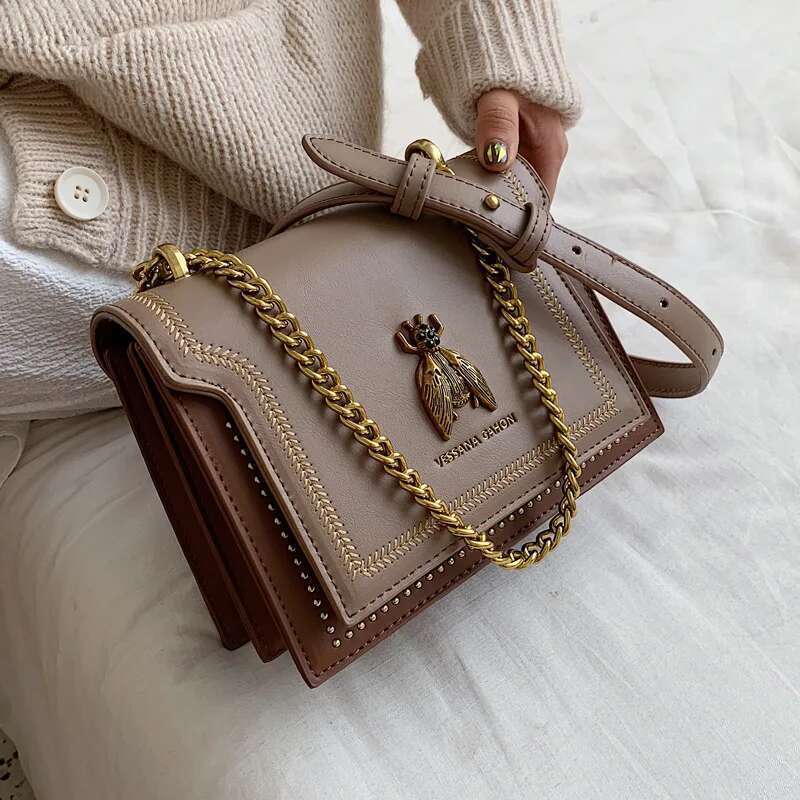 CGCBAG Brand Women Handbag 2024 New Retro Bee Female Shoulder Bag Simple High Quality Leather Designer Crossbody Bags