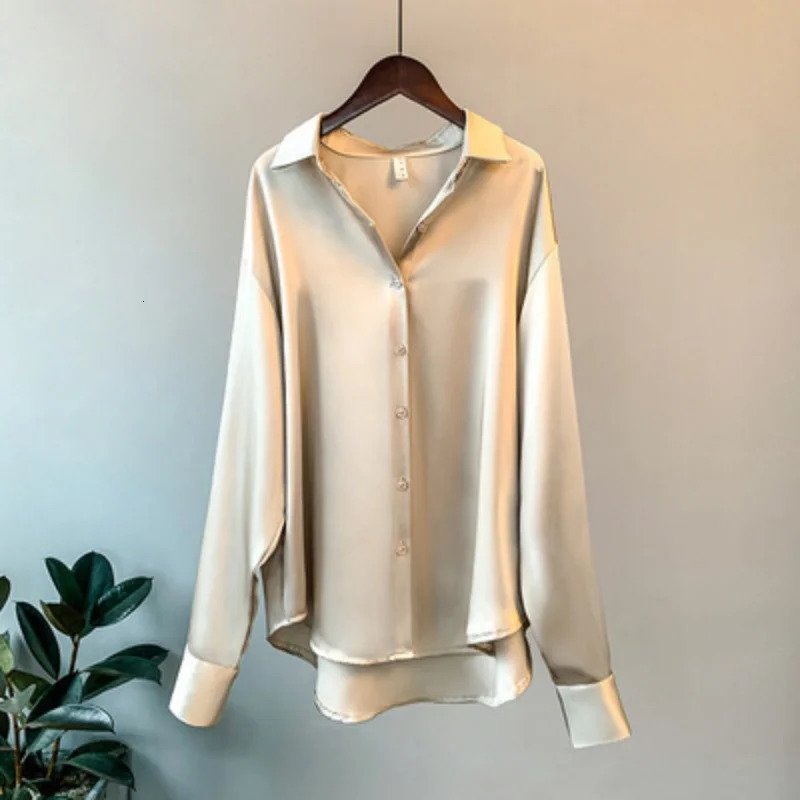 Women Shirt Turndown Collar Solid Color Satin Blouses Fashion Autumn Office Lady Elegant Tops Spring Long Sleeve Clothing 250515