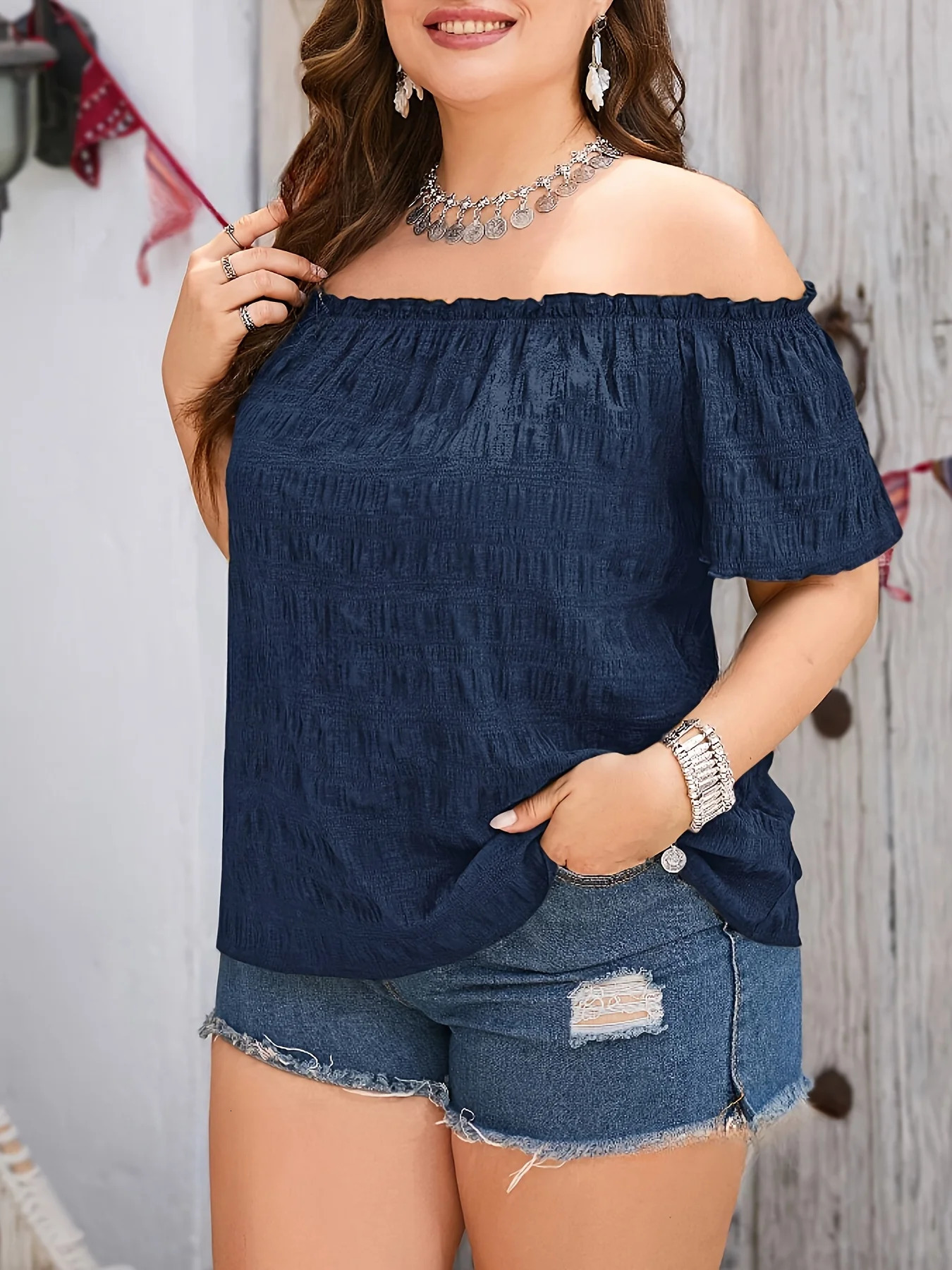 Plus Size Summer Women Elegant Off The Shoulder Dress Casual Fashion Solid Tops Office Lady Loose Curve Clothing 250514
