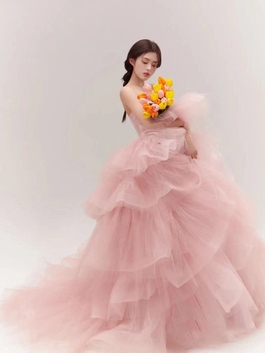 Fairy-Like Pink Net-Sheer Wedding Gown Featuring Fish-Boned Waist Cincher & Wide Skirt Pink Off-The-Shoulder Halter Neck Corset Wedding Dress