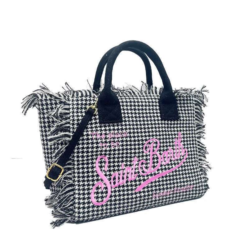 2024 New Fashion Handmade Tassel Cotton Linen Tote Large Capacity Beach Travel Thousand Birdseye High Quality Handbag