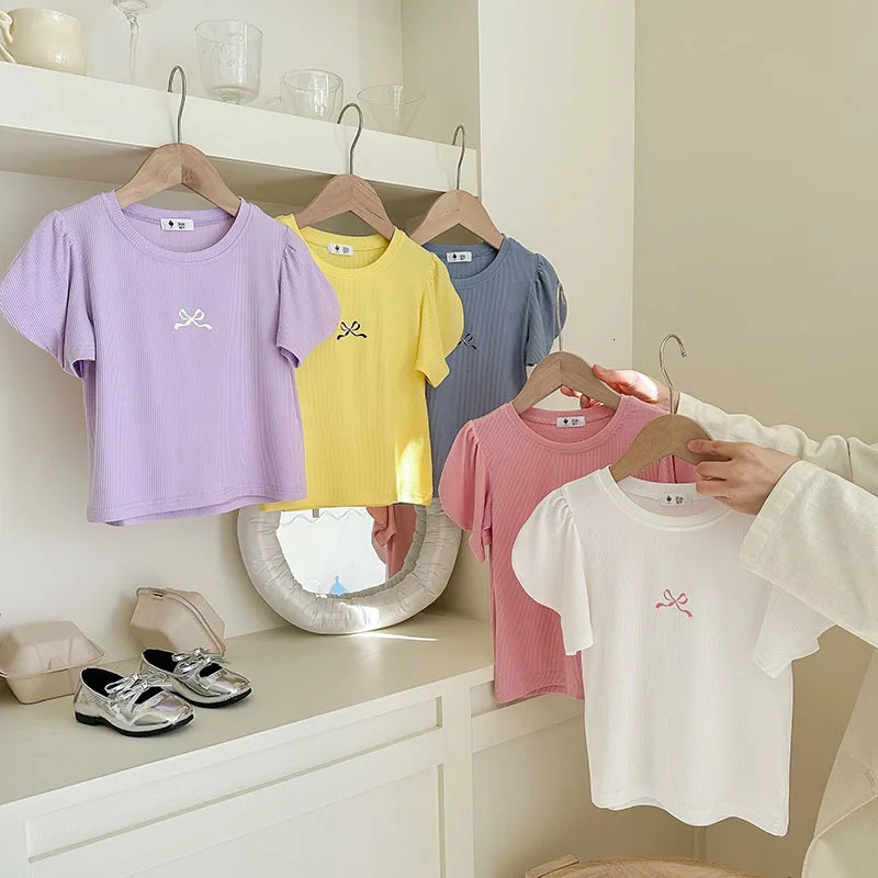 Korean Summer Bowknot Short Sleeve T-shirts For Girls 1-6 Years Cotton Toddler Girl Tops Baby Girl Tees Clothes 250515