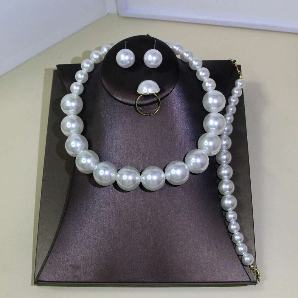 Women's Vintage Light French 5 Piece Imitation Pearl Jewelry Fashion Wedding Earring Bracelet Necklace Ring Set