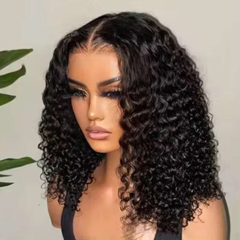 Natural Black Color Short Bob Cut 13X4 Lace Frontal Synthetic Wig For Women Deep Curly Preplucked With Baby Hair Cosplay Daily