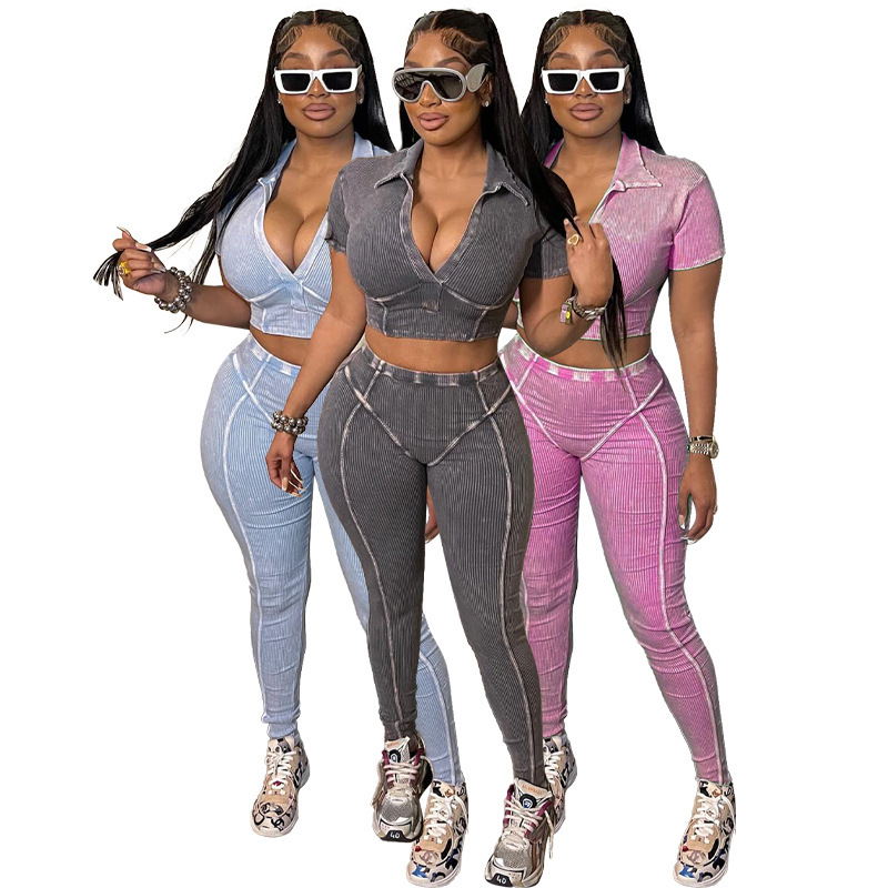 HR24036 Fashion Womens Fashion Trendy Washed Old Flip Collar Deep V Two Piece Set