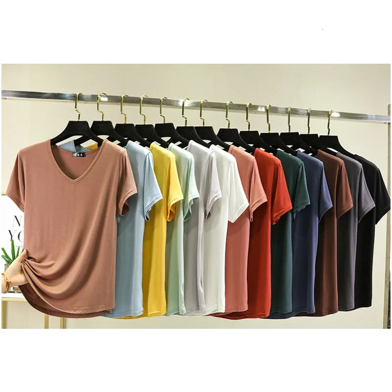 Summer women Modal V-Neck Tshirt Thin Bottoming T-shirts Plus size Loose tee tops Streetwear Basic Top 250515