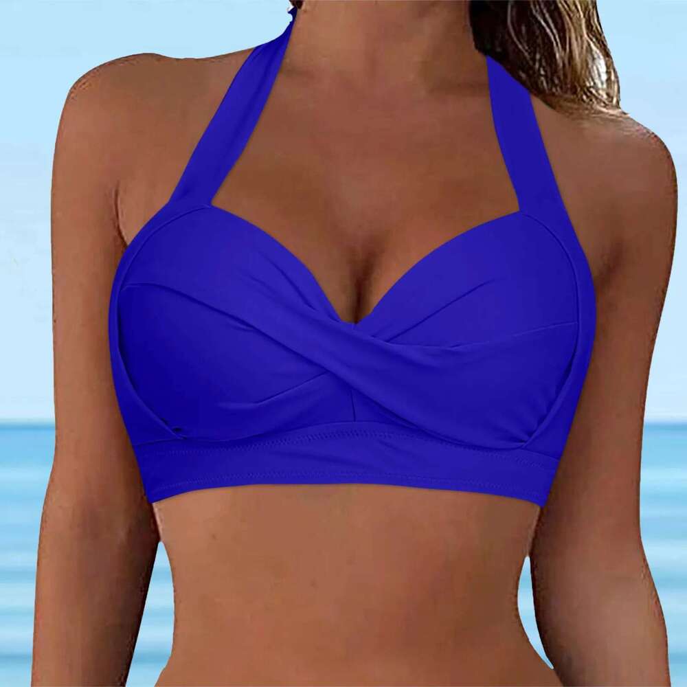Women Solid Swimwear Hanging Neck Suspender Full Coverage Push Up Padded Bikini Backless Front Ruched Large Chest Bra