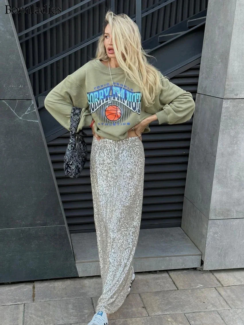 Bornladies Elegant Silk Sequins Women Skirt Dropped Waist Long Skirts Streetwear Classic Fashion Female Clothing 250515