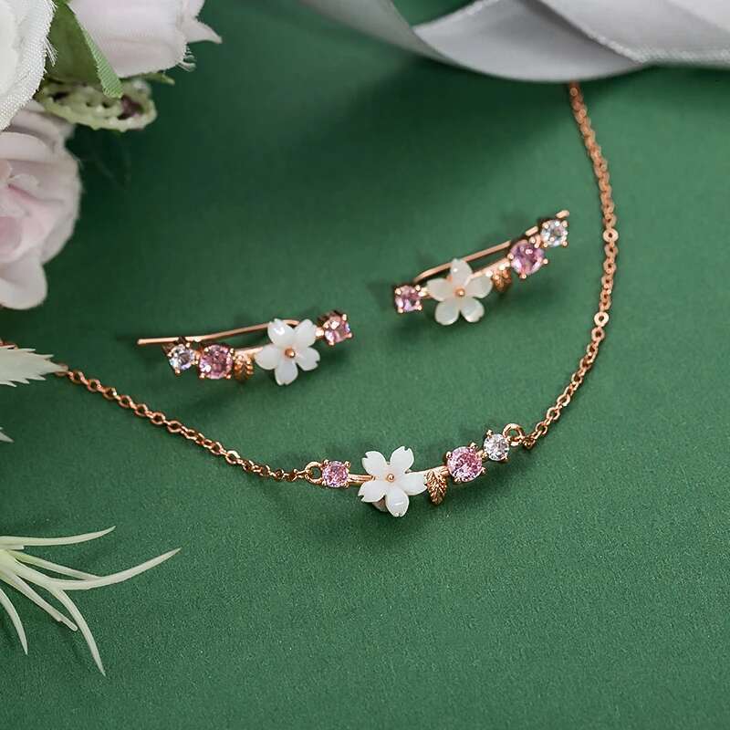 New Arrival Shell Flower Necklace Sets For Women Zircon Stud Earrings Leaf Chokers Bridal Wedding Jewelry