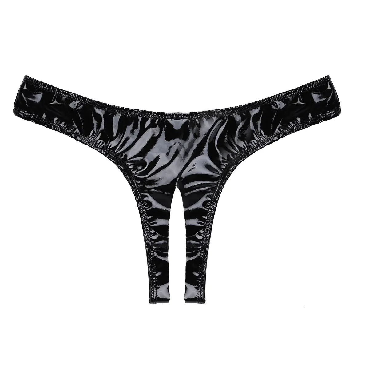 Sexy Wet Look Crotchless T-back Thongs Women PU Leather Cutout Panties Briefs Sexy Underwear Females Open Butt Low Waist Briefs 250515