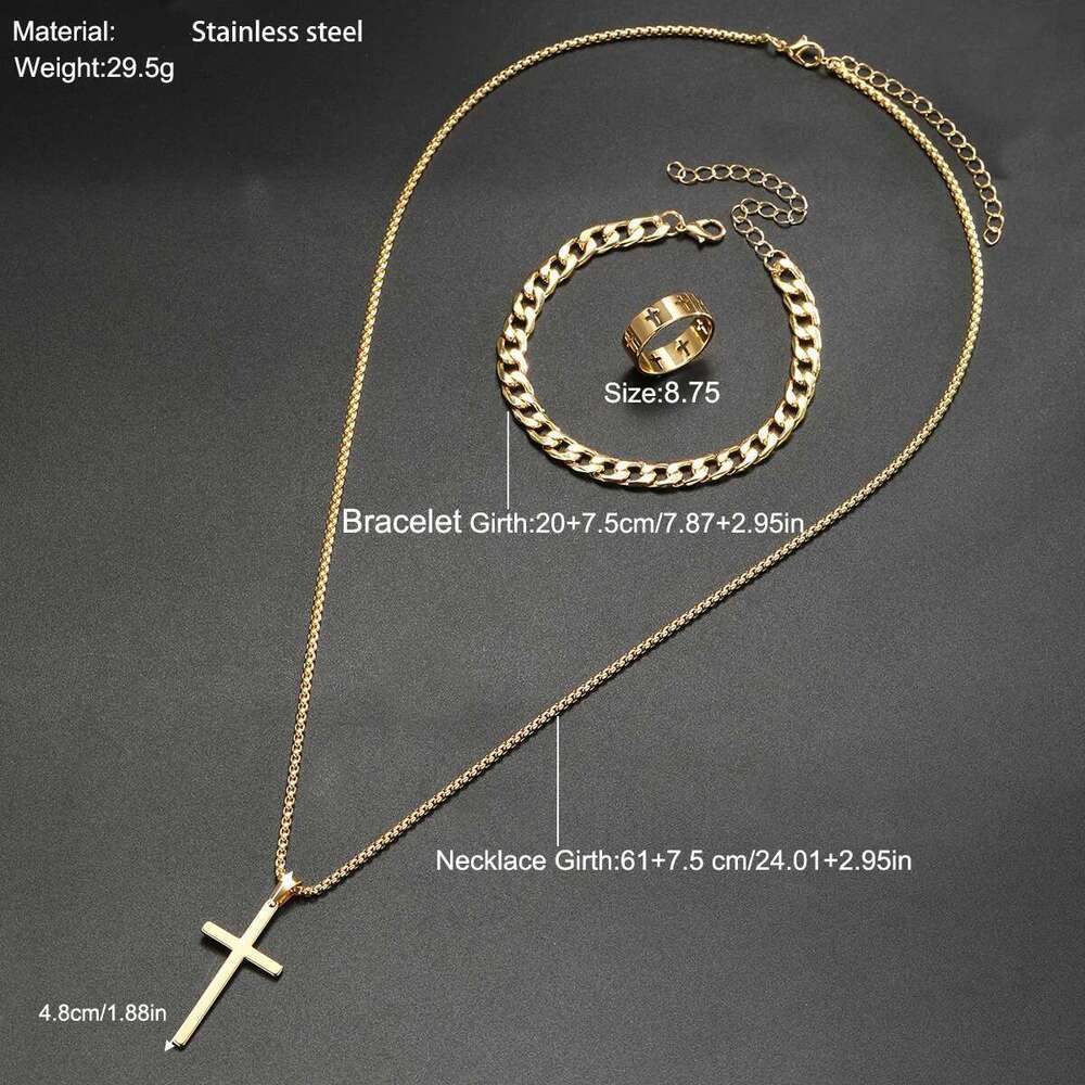 3 Pcs Men's Stainless Steel Jewelry Sets Gothic Hip Hop Style With Cross Pendant Necklace Ring Bracelet Set Fashion Simple Gifts