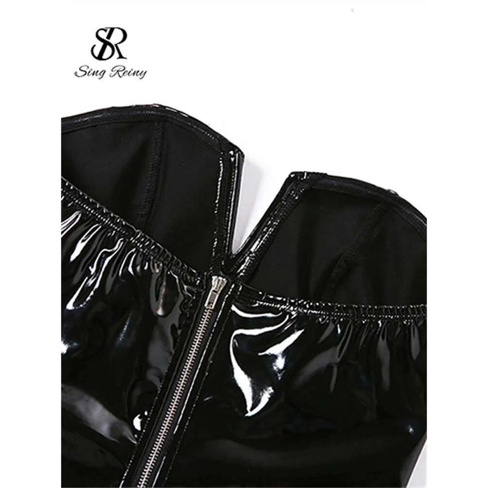 SINGREINY Strapless PU Leather Sexy Bodysuits Ladies Zipper Design Bodycon Top Fashion Streetwear Open Crotch Sensual Playsuits