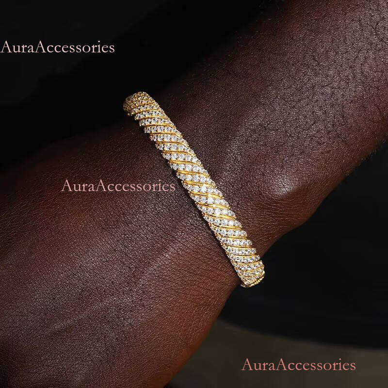 Hiphop Style Rapper Jewlery Sterling Sier VVS Moissanite Dia Iced Out 8mm Twisted Shape Bangle Bracelet