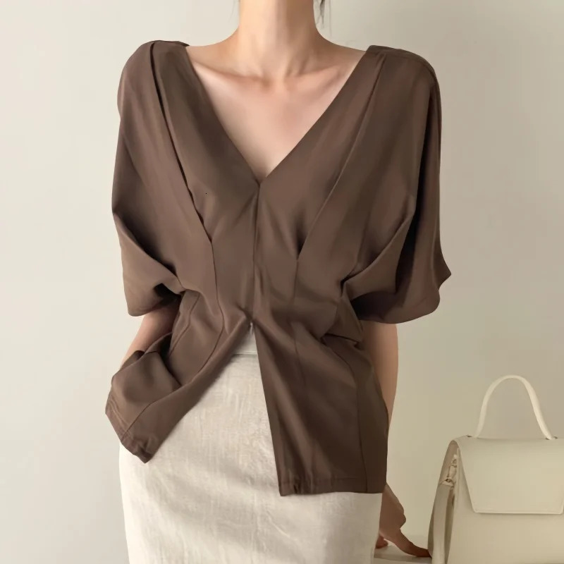 REALEFT Spring Summer Half Sleeve Womens Vneck Blouses Casual Loose Elegant Front Split Shirts Tops Female 250515