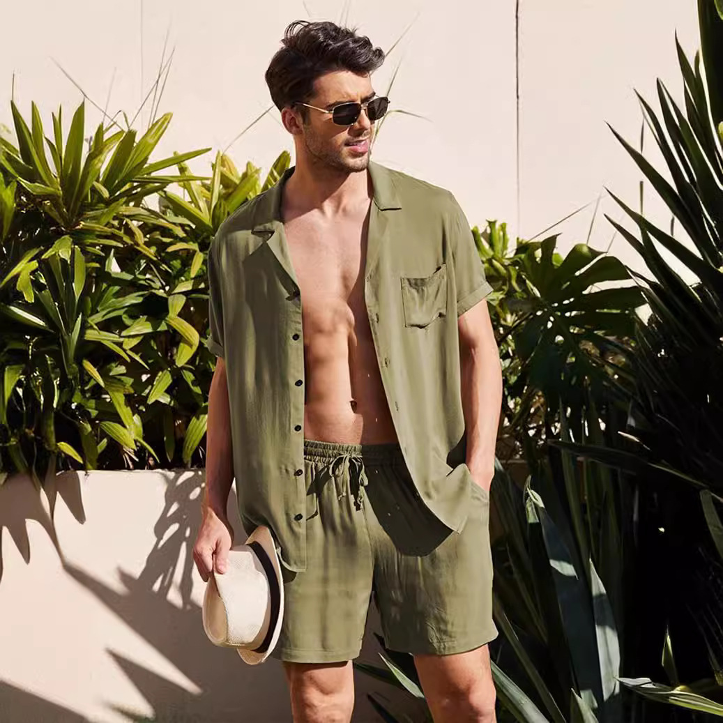 Men's Short Sleeved Set For Summer, Loose Fitting Designer, Casual Cotton And Linen Shirt, Fashionable Short Sleeved