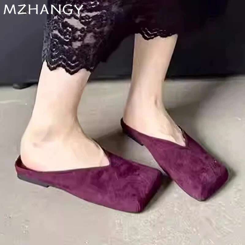 Women Suede Flats Mules Shoes Square Toe Slingback Slippers Casual Sandals 2025 Trend Summer Dress Flip Flops Cozy Mujer Slides