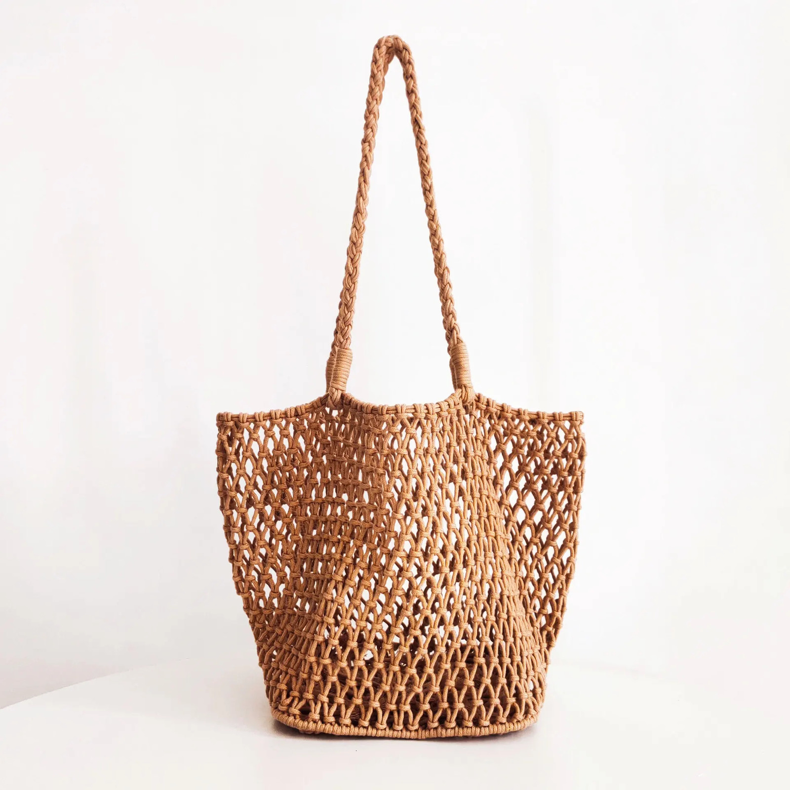 Handmade Woven Bag Hollowed Out Mesh Bag Cotton Rope Single Shoulder Handbag Beach Vacation Leisure Bag 250515