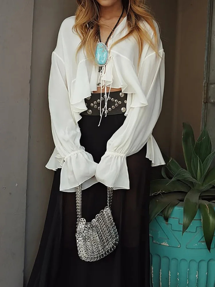 Ruffles Patchwork Fashion Chic Blouses Women Spring Summer Flare Sleeve Simple Tops V Neck Solid Ladies Cardigan Shirts 250515