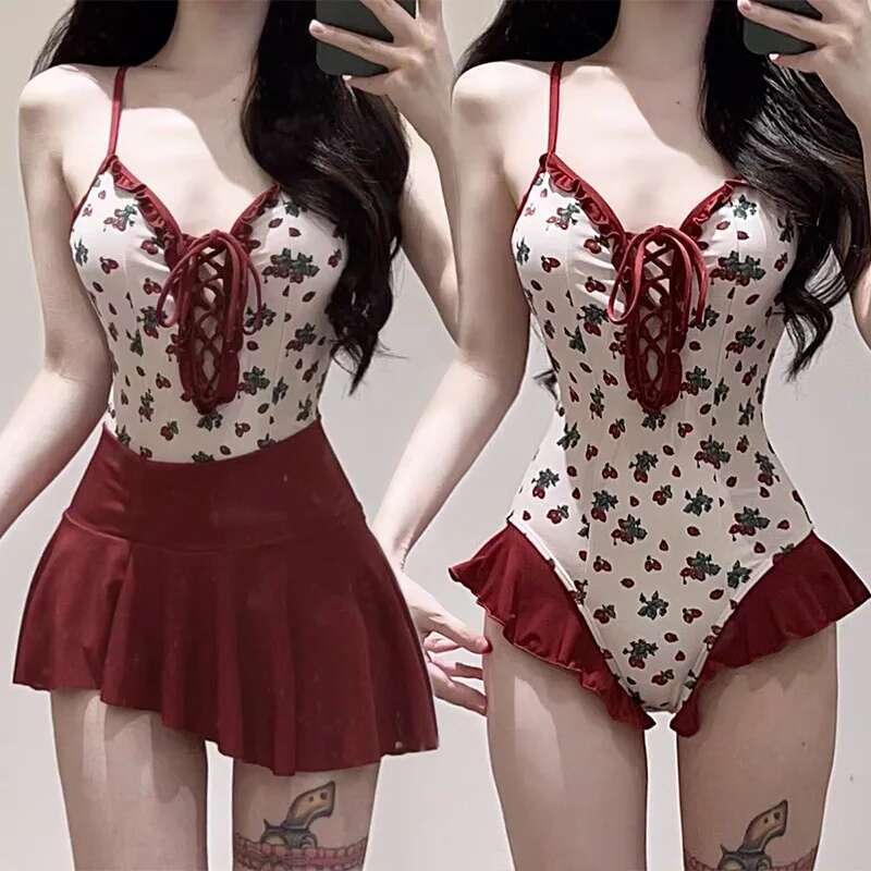 sexy Korean fashion floral print ruffles bandage swimsuit two pieces with irregular pleat mini skirt bodysuits bikinis swimwear