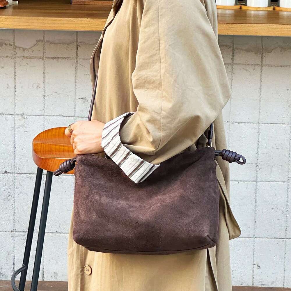 Retro Suede Cowhide Square For Women New Matte Drawstring Cloud Fashion Single Shoulder Crossbody Bag