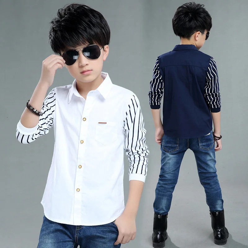 Boys Blouses And Shirts Childrens Stripe Top Spring Autumn Casual White Polo Shirts Teenager School Outerwear Cotton 250515