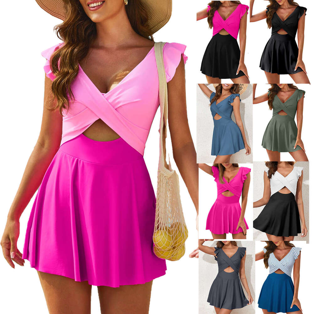New popular one-piece ruffle edge cross skirt split swimsuit women's Tankini 2025 new style chic and elegant clothing