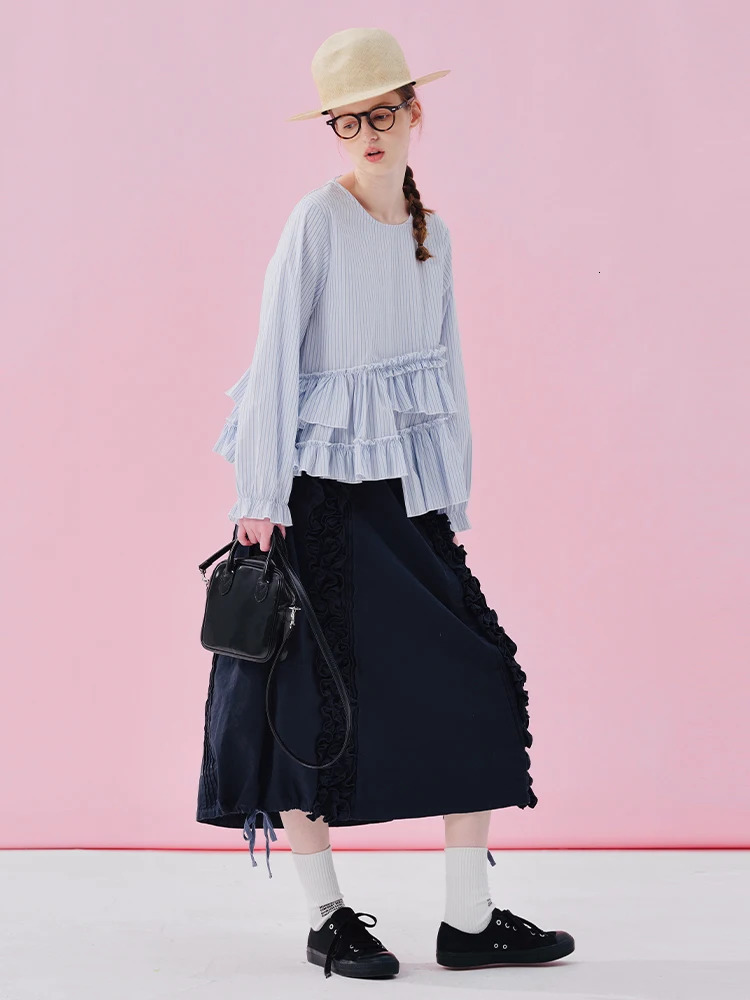 imakokoni Japanese shirt spring cotton washed blue and white stripe lace irregular n pullover top 250515