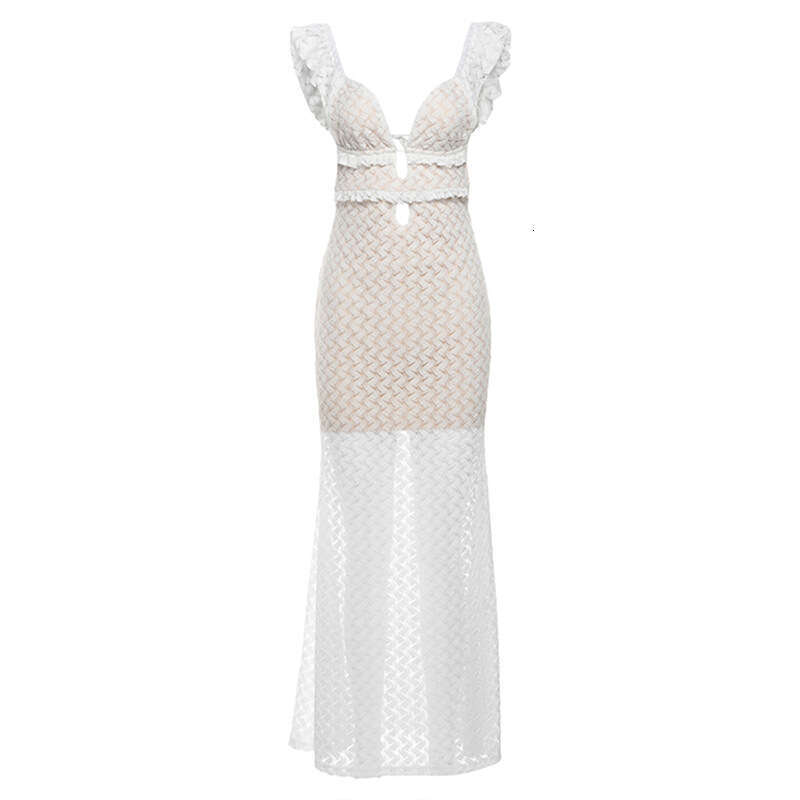 White Dress Maxi Dress 2024 Spring/Summer Women's New INS Pure Desire V-Neck Open Back Lace Up Hollow Fit Dress For Women KQ