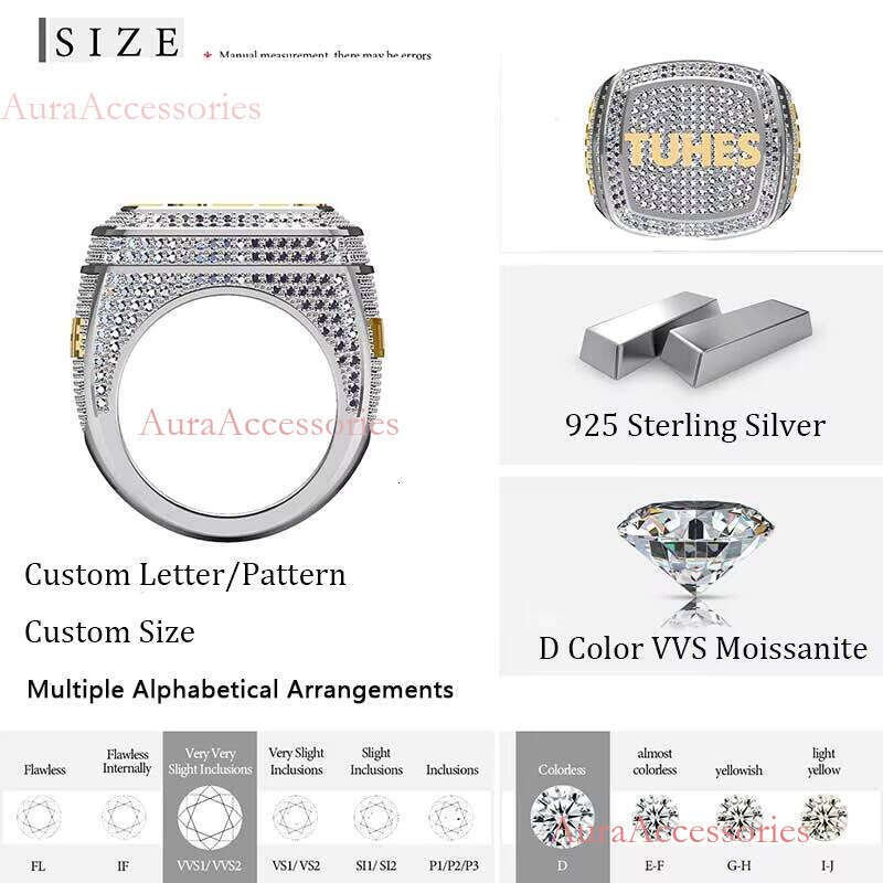 Jewelry Sterling Sier VVS Moissanite Dia Custom Letter Name Iced Out Hip Hop Championship Ring for Men