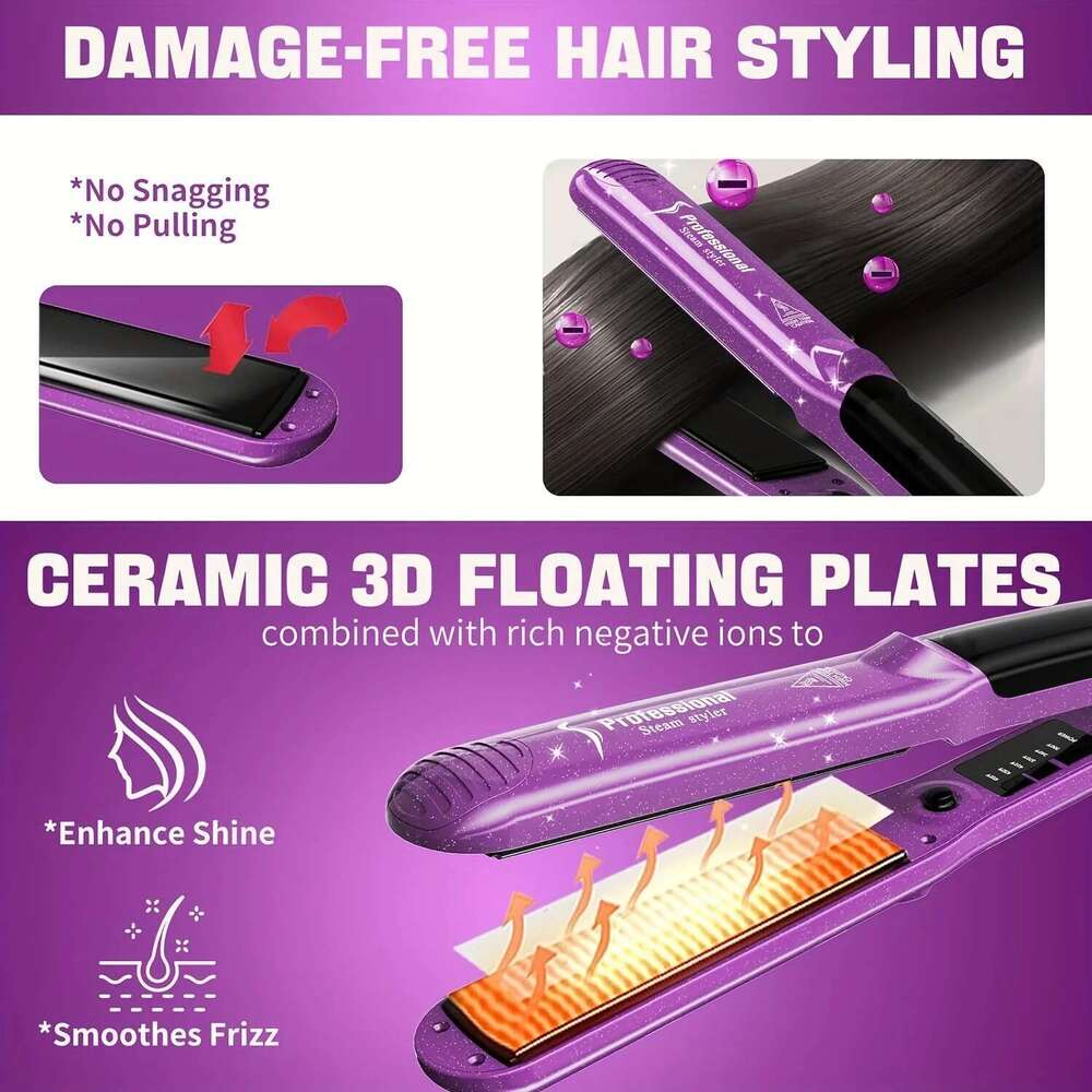 Steam Straighteners for Hair Professional Salon Ceramic Tourmaline Vapor Flat and Curler 2 in 1 Straightening Curling Iron
