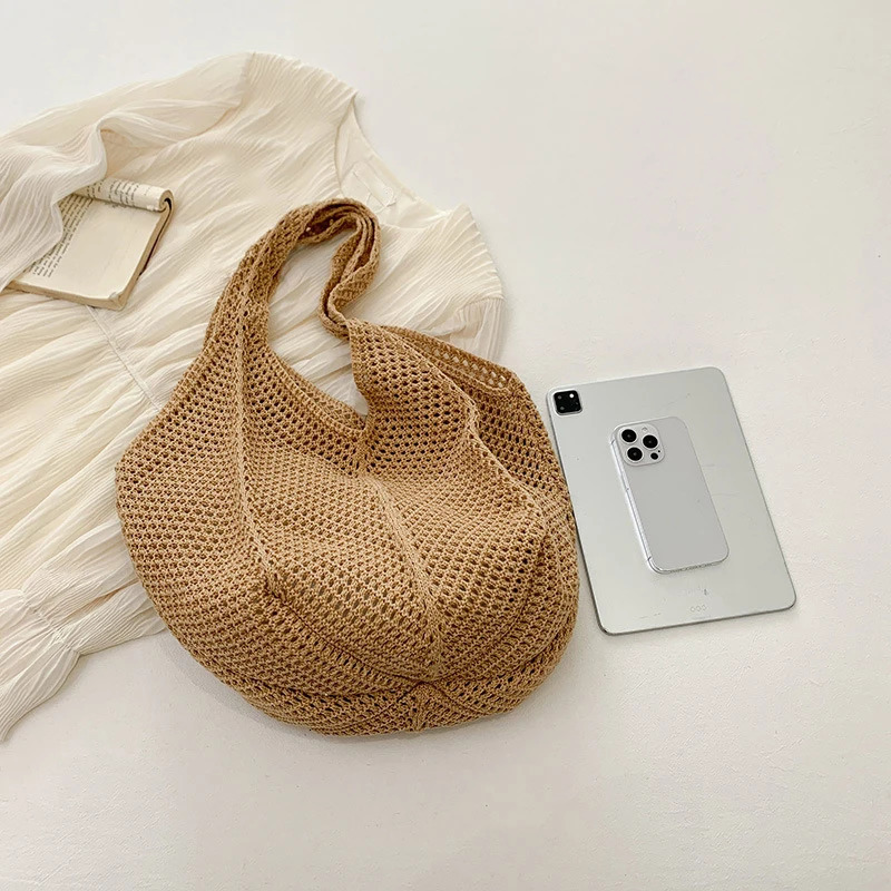 Women Crochet Tote Bag Mesh Beach Bag Large Capacity Fashion Knitted Shoulder Bag Solid Color Simple Shopping Bag for Travel 250515