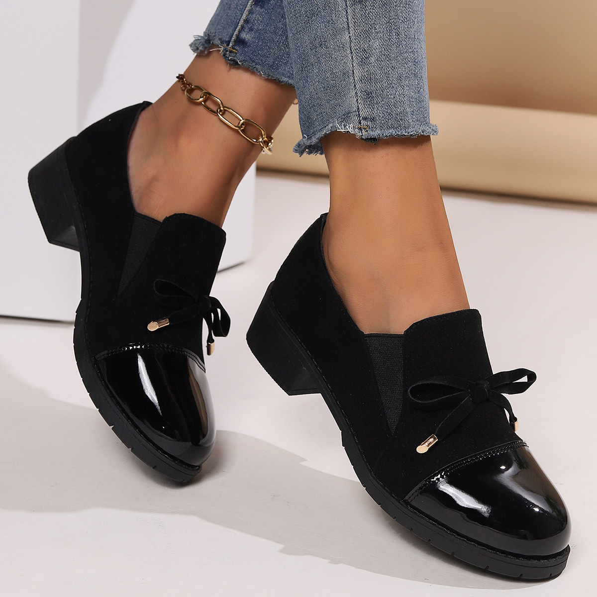 Women Plus Size Four Season Singles Korean Version Women S Leather Shoes New Style Thick Heel Round Casual Shoes Toe Bow Tie Ddmysaturn