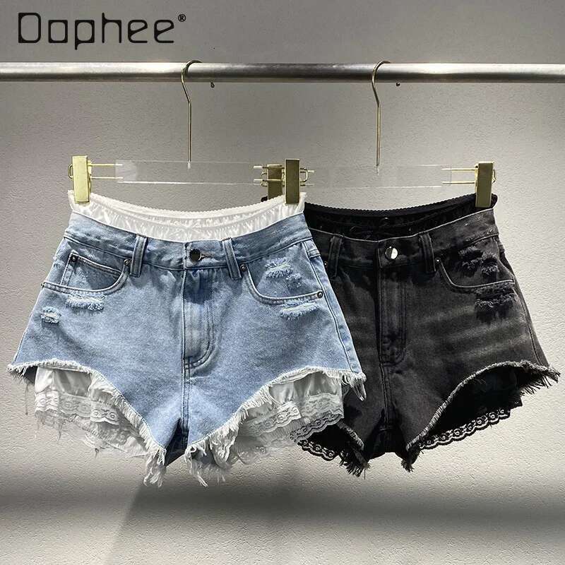 Summer New Spice Girl Old Ripped Rough Edge Jeans Fake Two Pieces Splicing High Waist Slim Female Sexy Y2k Jean Shorts