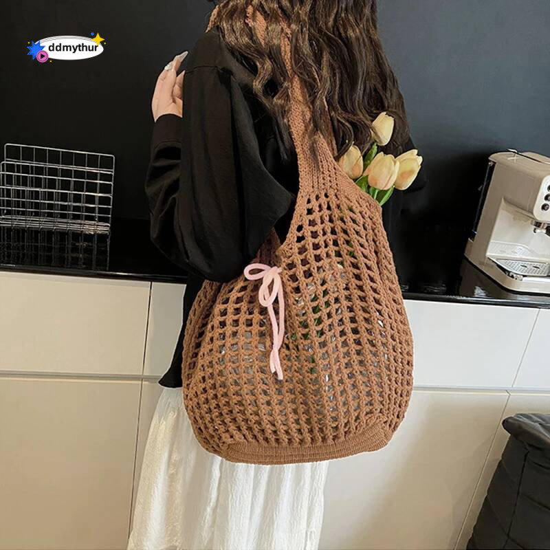 Large Capacity Knitted Hollow Shoulder Crochet Underarm Tote Casual Beach Commuting Bag for Women ddmythur