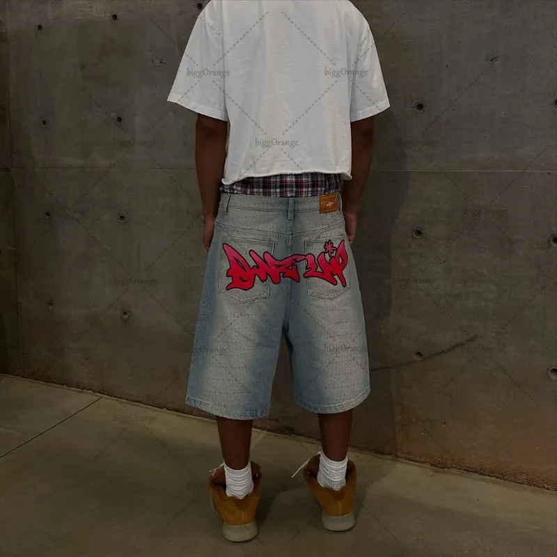 American High Street Style Pants Letters Oversized Jeans Men Retro Casual Hiphop Waist Straight Shorts 250515