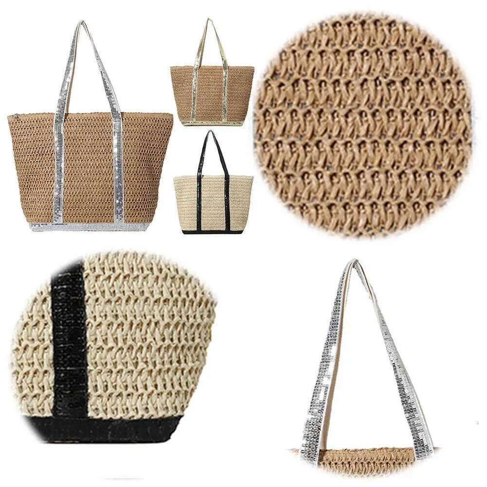 Women Boho Large Capacity Sequins Straw Tote Handbag Contrast Color Simple Shoulder Ladies Summer Daily Bag