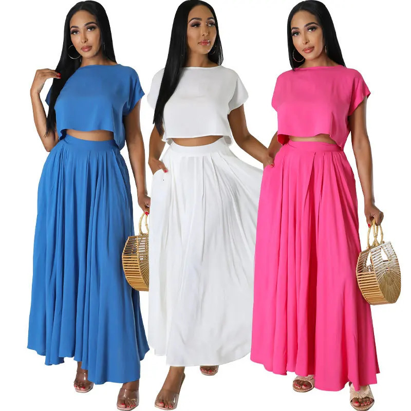 Two Piece Sets Women Skirt Set Matching Short Sleeve Tops Long Skirts Summer Pleated Y2k Streetwear High Waist Casual 250515